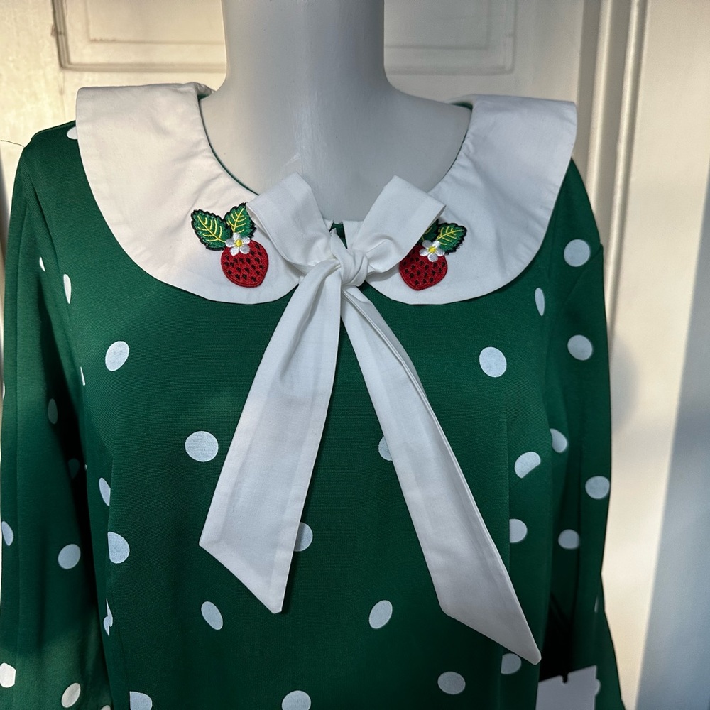 Green and white polkadot strawberry collared  Wednesday flare dress